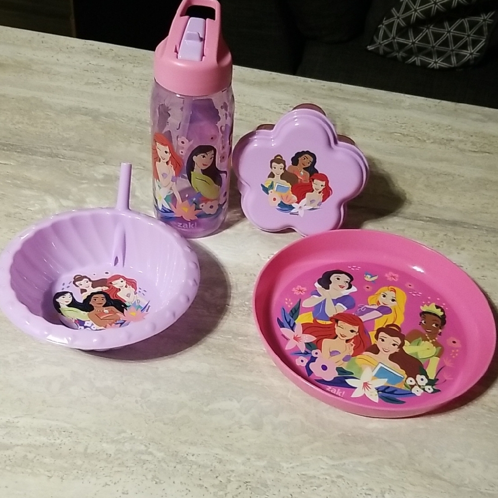Disney Princess Pink and Lavender Snack Set - Plate, Bowl,Bottle, and Container